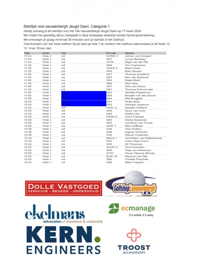 Startlijst LJO 2024 - categorie 1